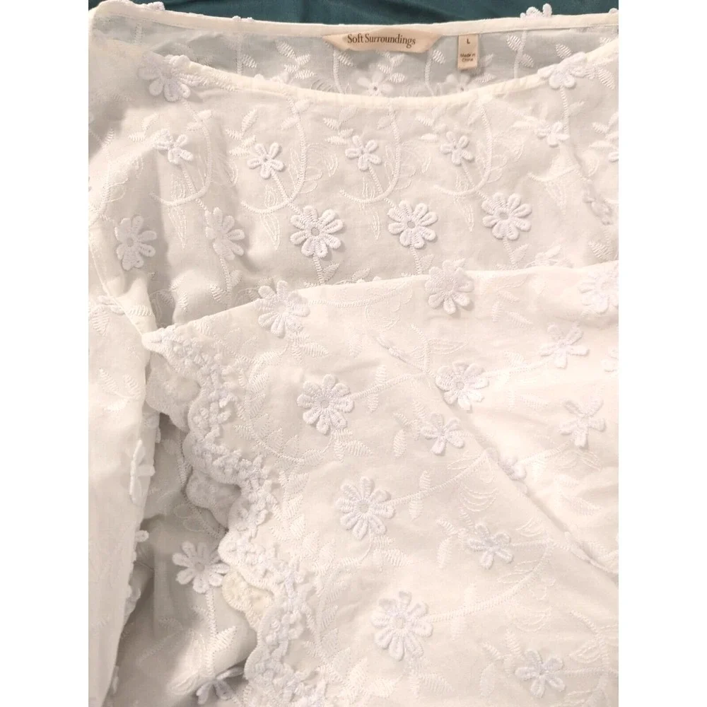 Soft Surroundings Blouse Tunic L Embroidered White Bishop Sleeves Boho Chic Glam - Picture 5 of 12